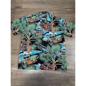 VINTAGE Big Brother Mens Shirt Size L Blue Aloha Hawaiian Chevrolet Malibu 90s